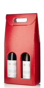 Geschenkverpakking voor 2 flessen wijn in rood met venster en handvat.