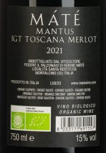 Close-up etiket Mantus Merlot Toscana IGT 2021 – Merlot rode wijn uit Toscane