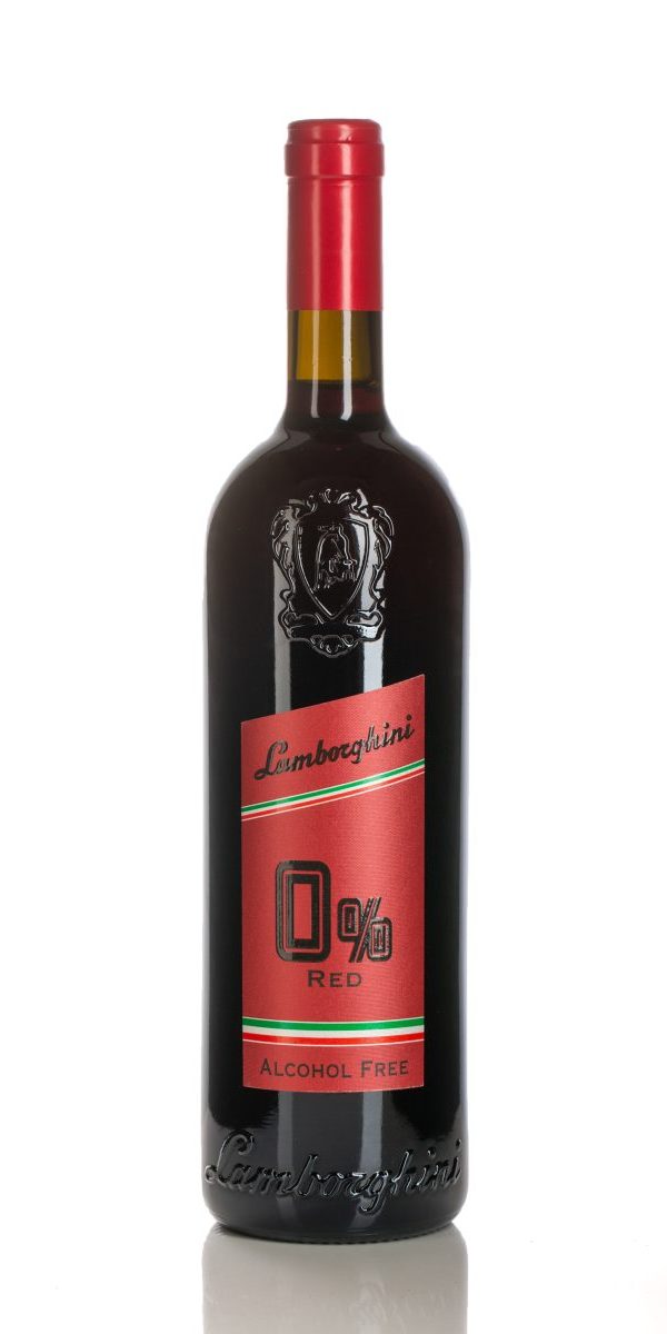 Fles Lamborghini Still Red 0% alcoholvrije rode wijn met luxe zwart label en rood logo.