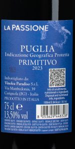 La Passione Primitivo etiket detail Cantine Paradiso